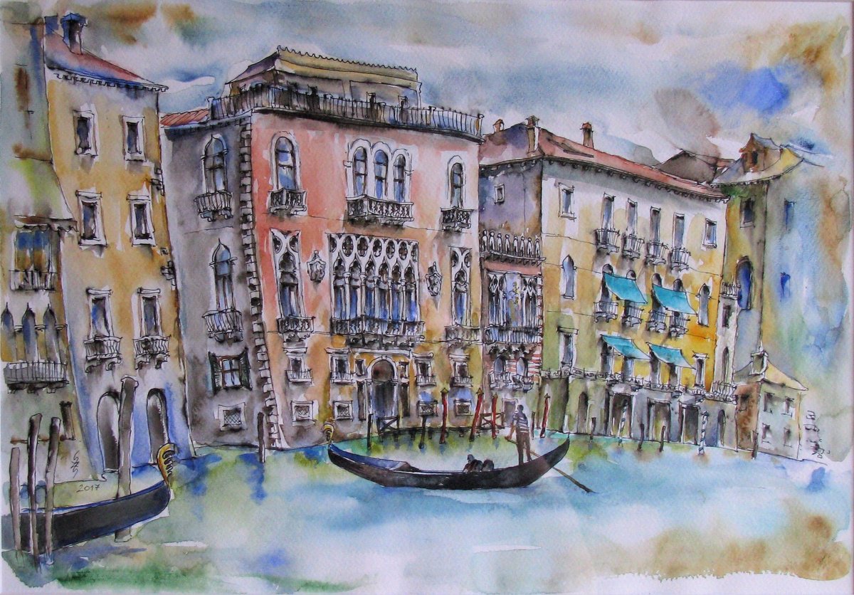 Impressionistic Cityscapes Watercolour By Szekelyhidi Zsolt, 24 X 19", Venice - Canale Grande, Original Artwork