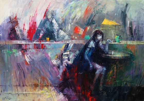 Waiting at the bar(Oil painting, 70x100cm, impressioistic)