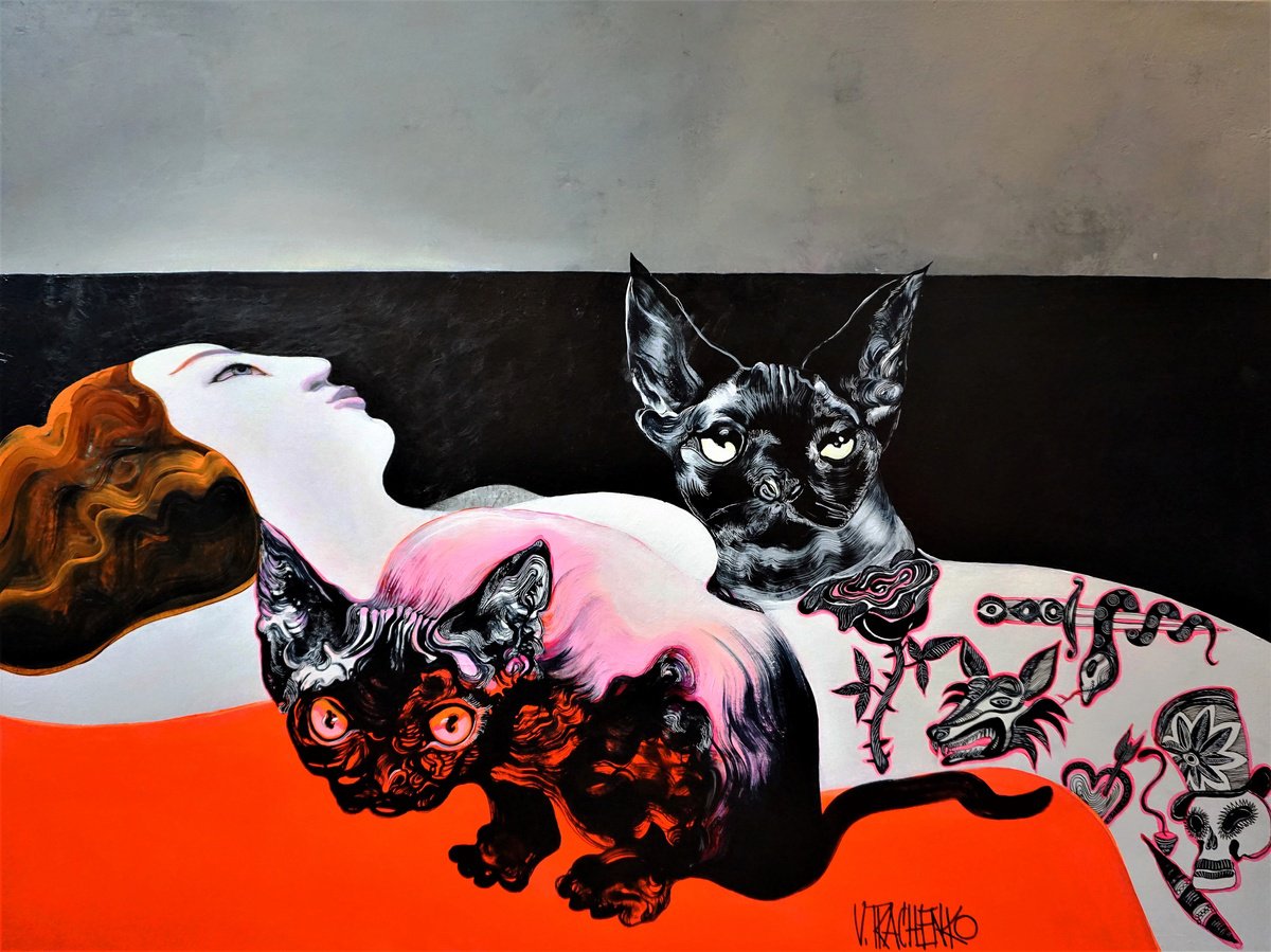Organic Animal Acrylic Painting By Victor Tkachenko, 40 X 30", The Torment Of Saint Karen, Original Artwork