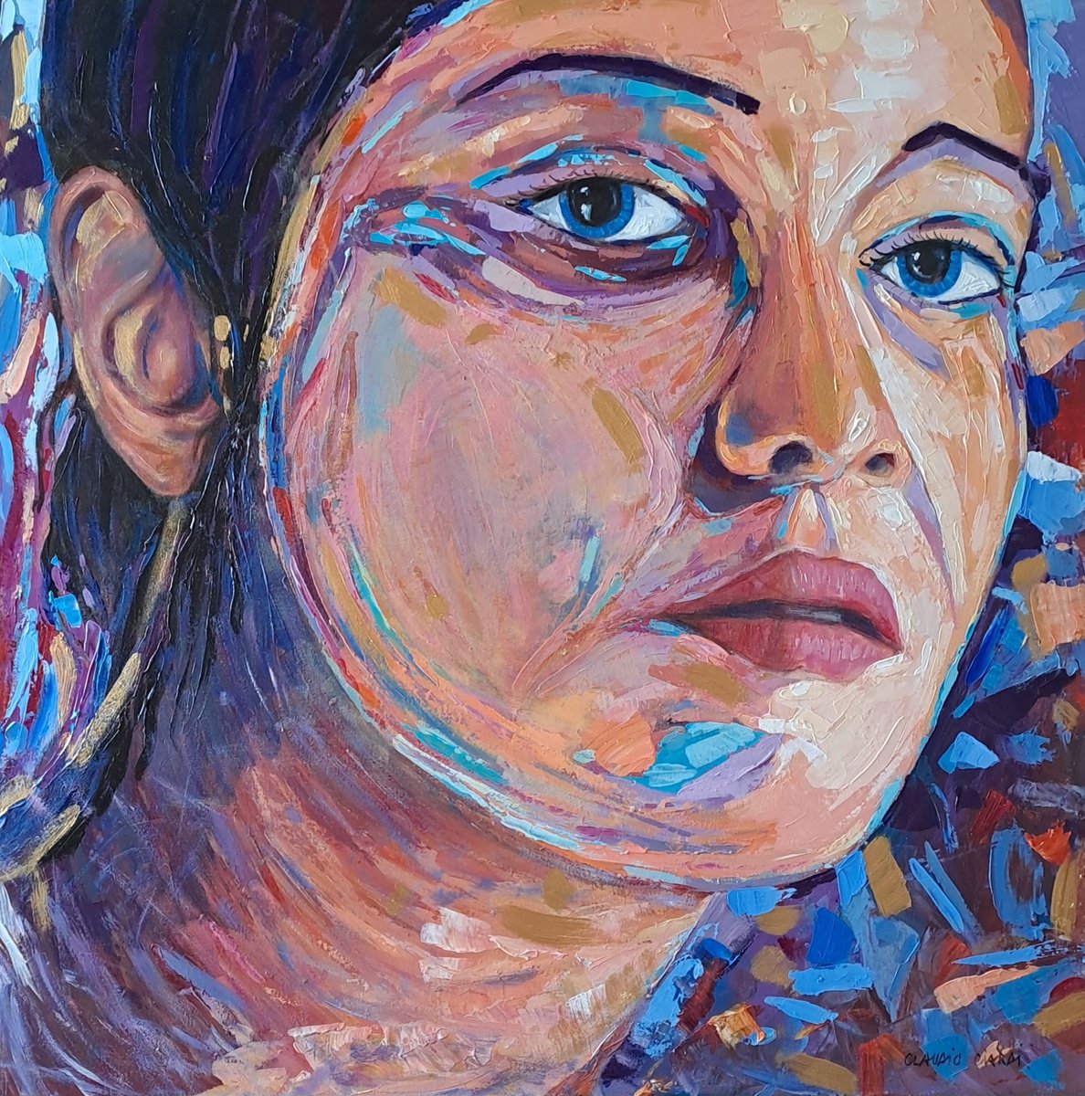 Expressive Portrait Acrylic Painting By Claudio Ciardi, 28 X 28, Figure, Original Artwork