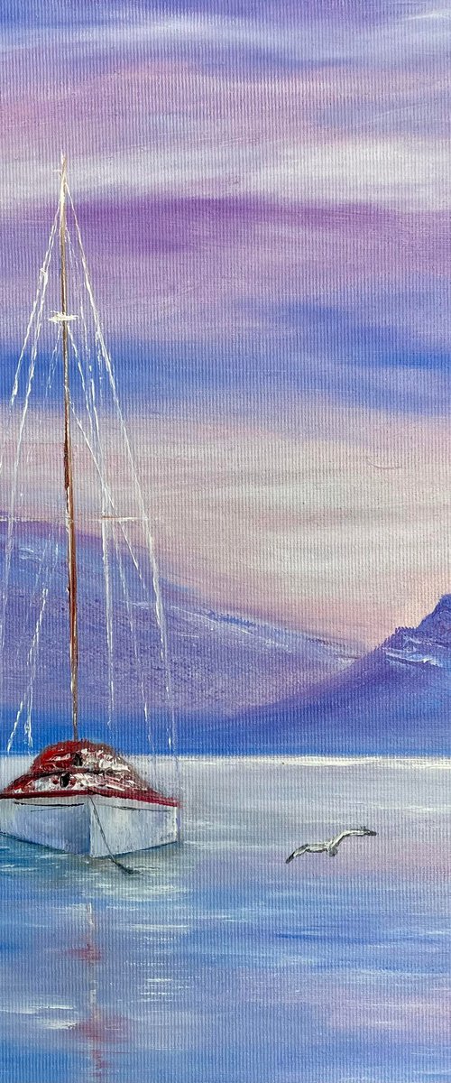Sailboat and purple sunrise by Tanja Frost