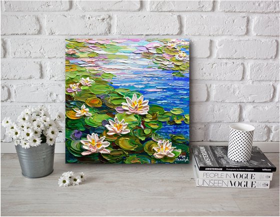 Water Lilies Pond II - Impasto Floral Art, Palette Knife Painting