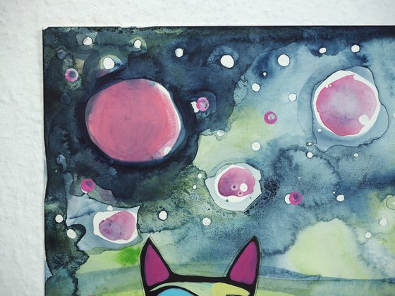 Happy Night Swim - funny cat art