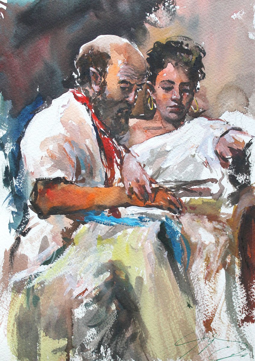 Impressionistic Portrait Watercolour By Maximo Damico, 10 X 14", St. Matthew And The Angel Iii Version., Original Artwork