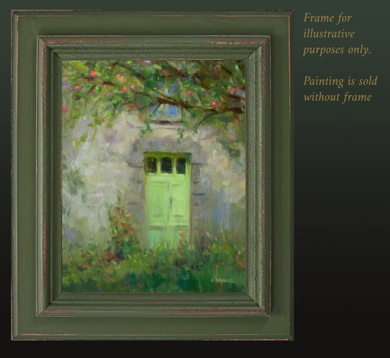 Old Green Door with Apple Blossom