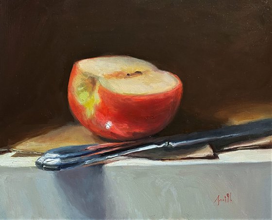 Apple Half, with Silver Knife; Framed & ready to hang home decor gift oil painting.