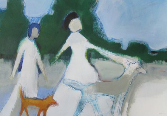 Woman with three dogs