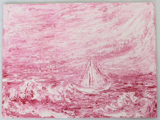 Sail - Impressionistic Seascape painting of a sail boat on acrylic paper - Pink seascape