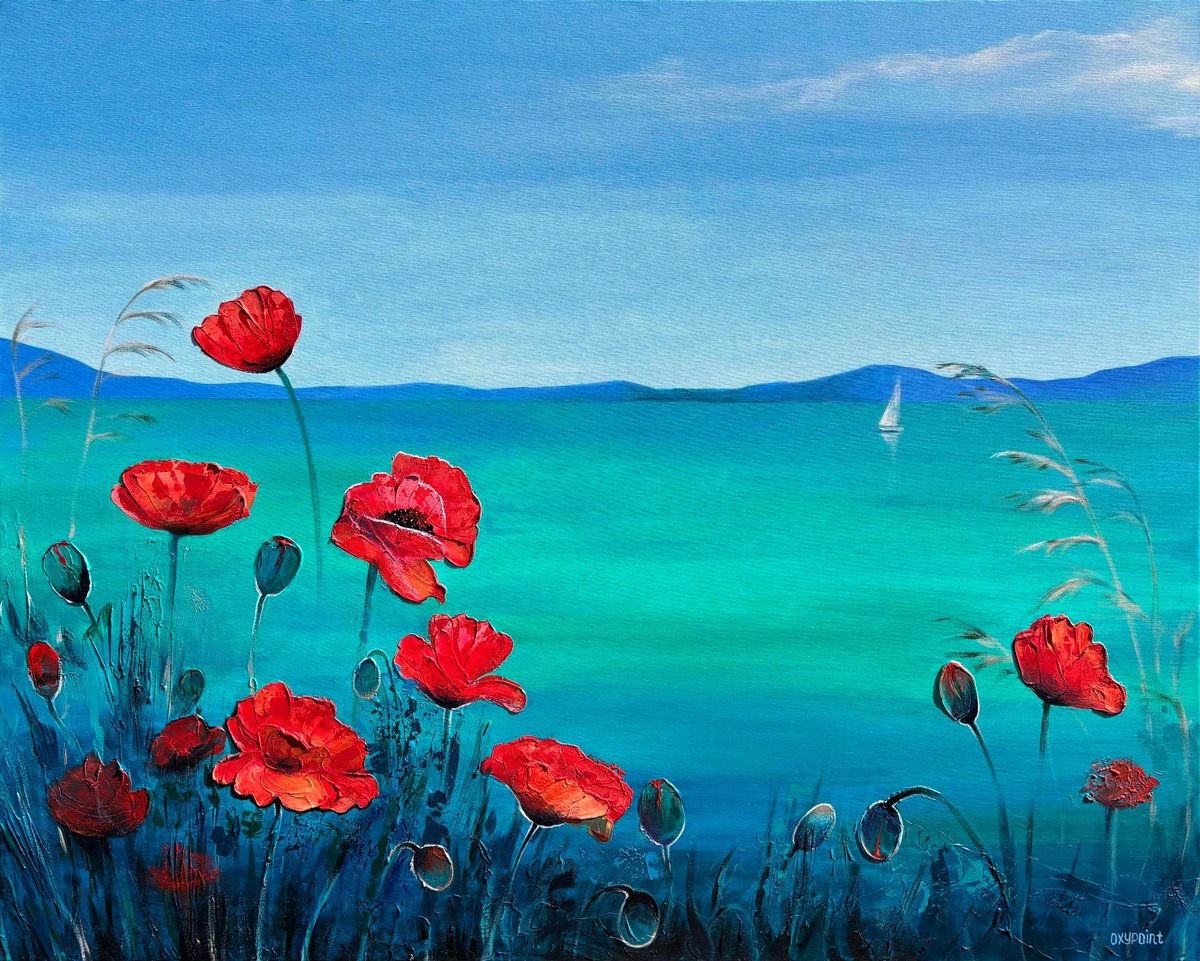 Impressionistic Landscape Painting By Oxypoint, 39 X 31", "Poppies By The Sea", Original Artwork