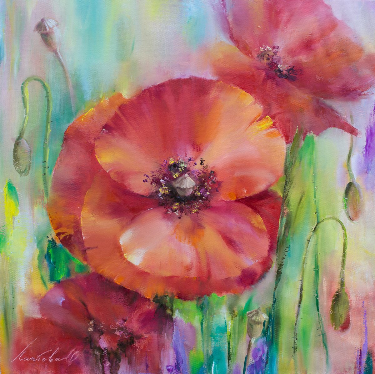 Expressive Botanical Oil Painting By Olha Laptieva, 16 X 16", Bright Summer. Poppies 2., Original Artwork