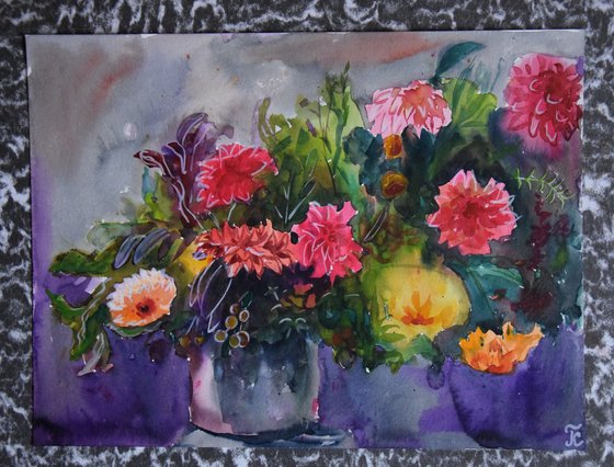 Watercolor painting Autumn flowers bouquet