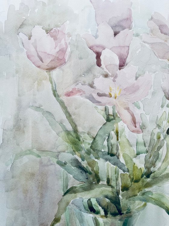 Tulips in vase. Original watercolour painting.