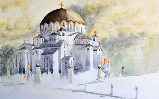 St. Sava Church, vignette - original watercolor painting by Nenad Kojić