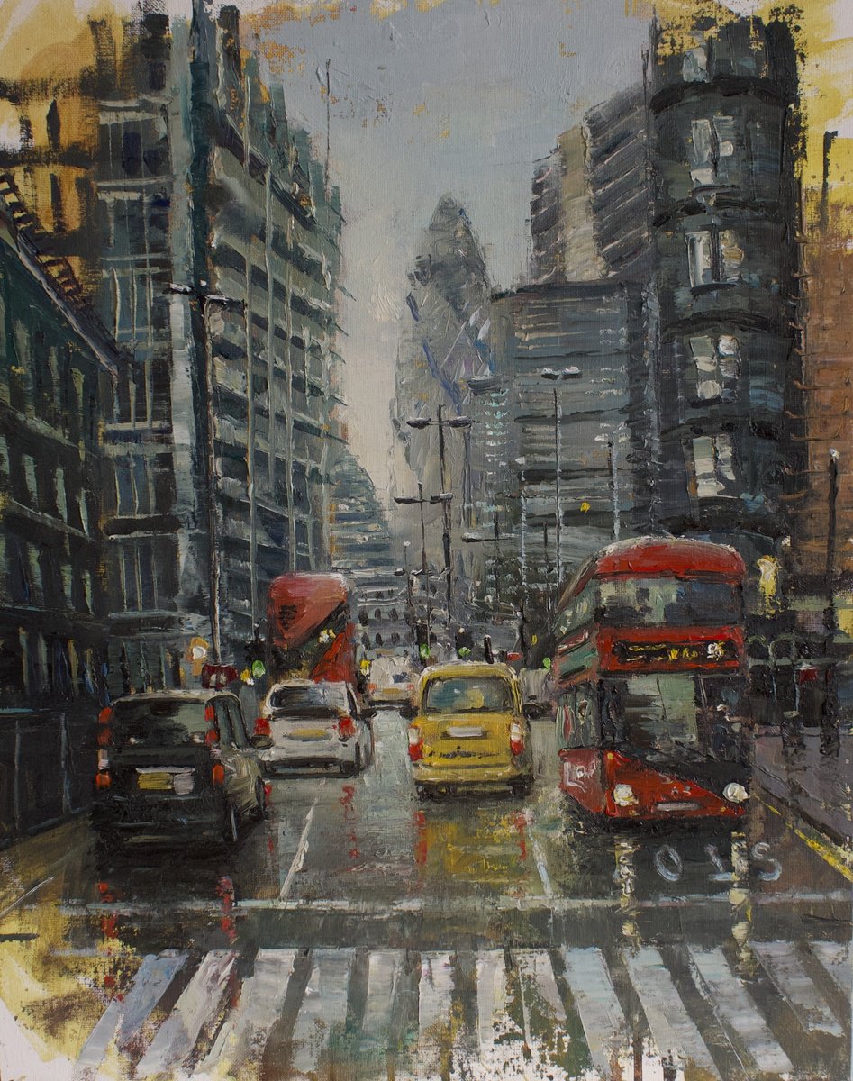 Impressionistic Cityscapes Oil Painting By Roberto Ponte, 16 X 20", London Aldgate And The Gherkin, Original Artwork