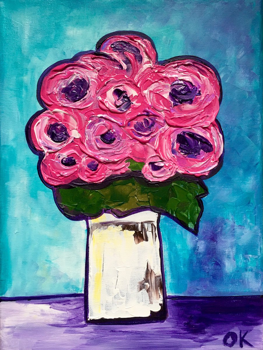 BOUQUET OF Pink Roses #9 palette knife Original Acrylic painting office home decor gift by Olga Koval