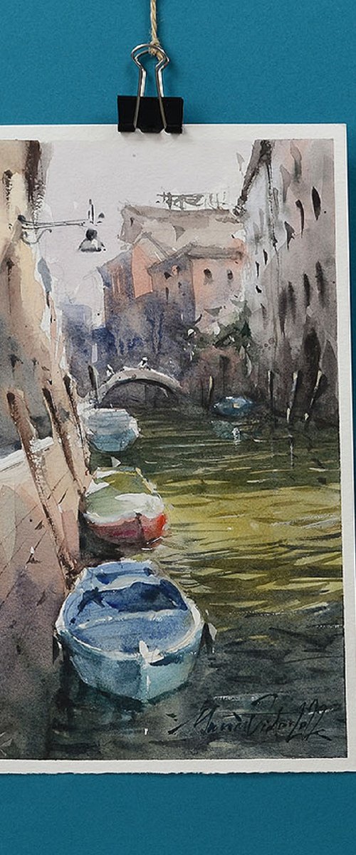 Venice boats scene, watercoloru painting, 2022 by Marin Victor