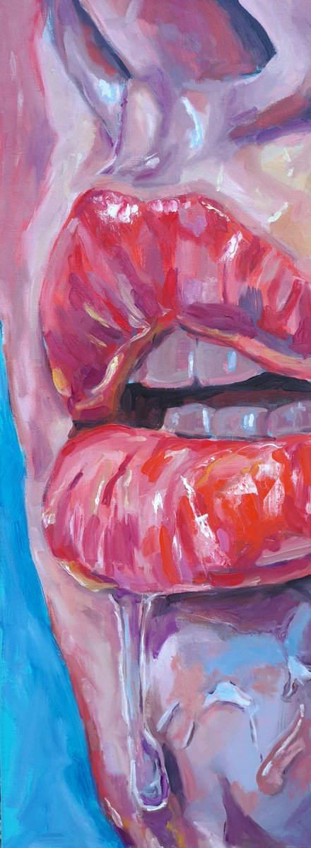 Expressive Portrait Oil Painting By Lee Jenkinson, 12 X 31", Lips, Original Artwork