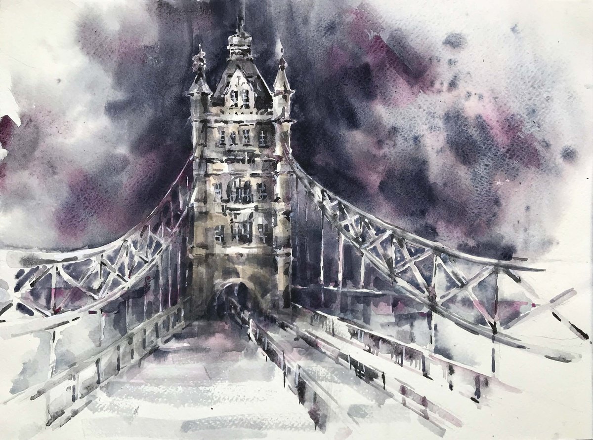 Expressive Cityscapes Watercolour By Galina Poloz, 15 X 11, Tower Bridge., Original Artwork
