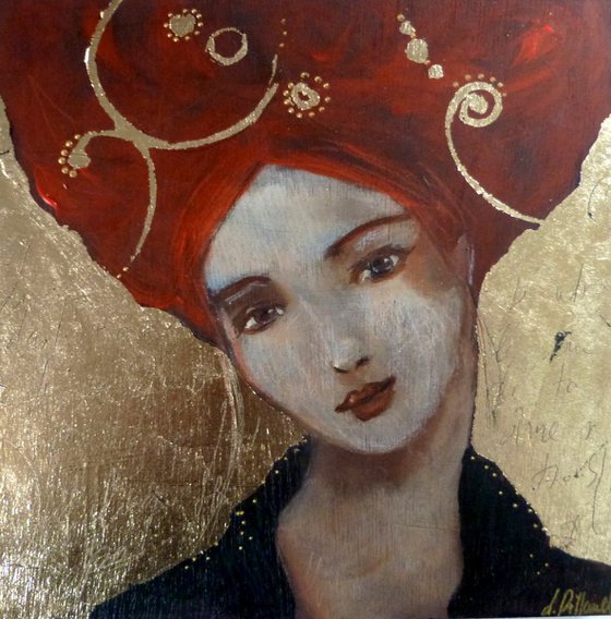 "Gold Introspection" woman portrait , gold leaf on wood  20x20cm