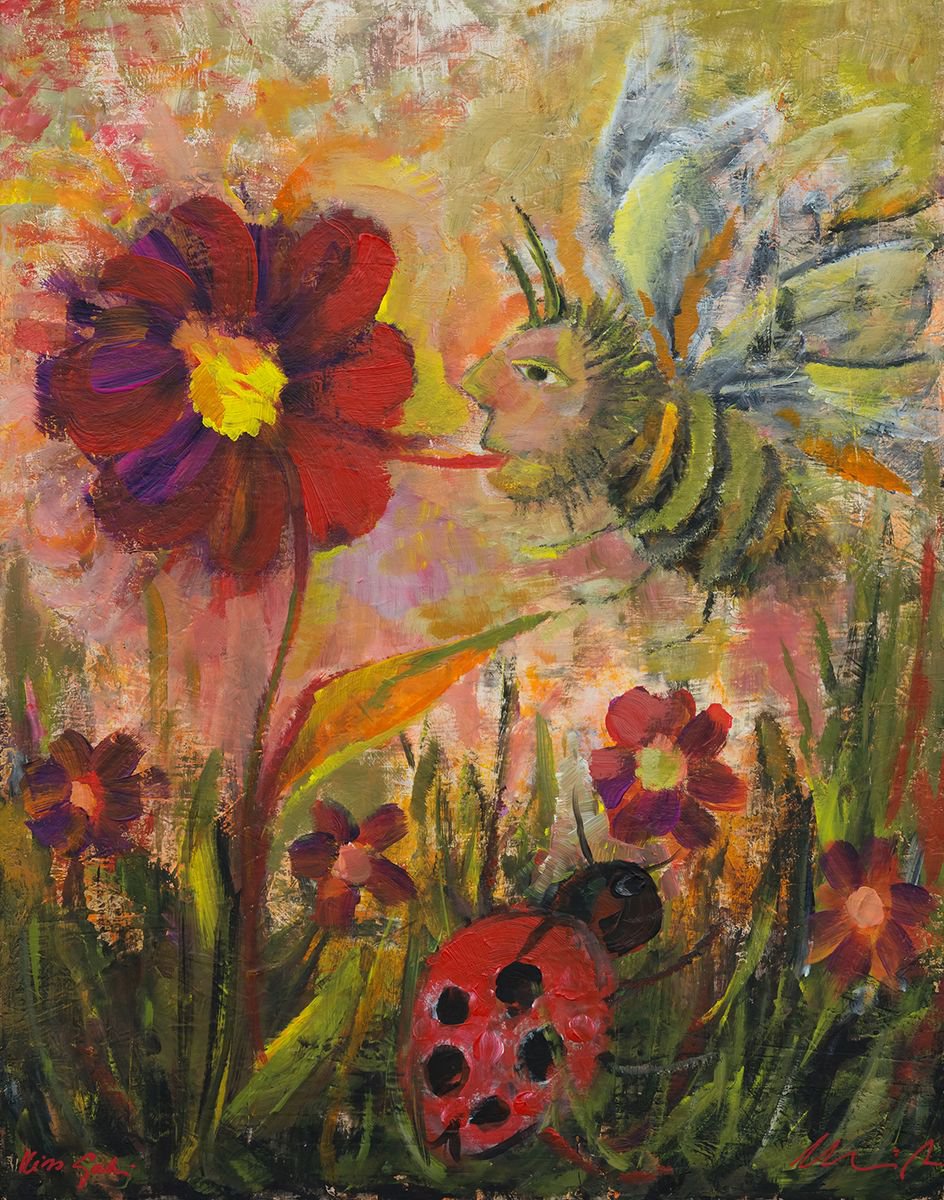 Naive Animal Acrylic Painting By Peter Zelei, 20 X 26", Feast In The Garden., Original Artwork