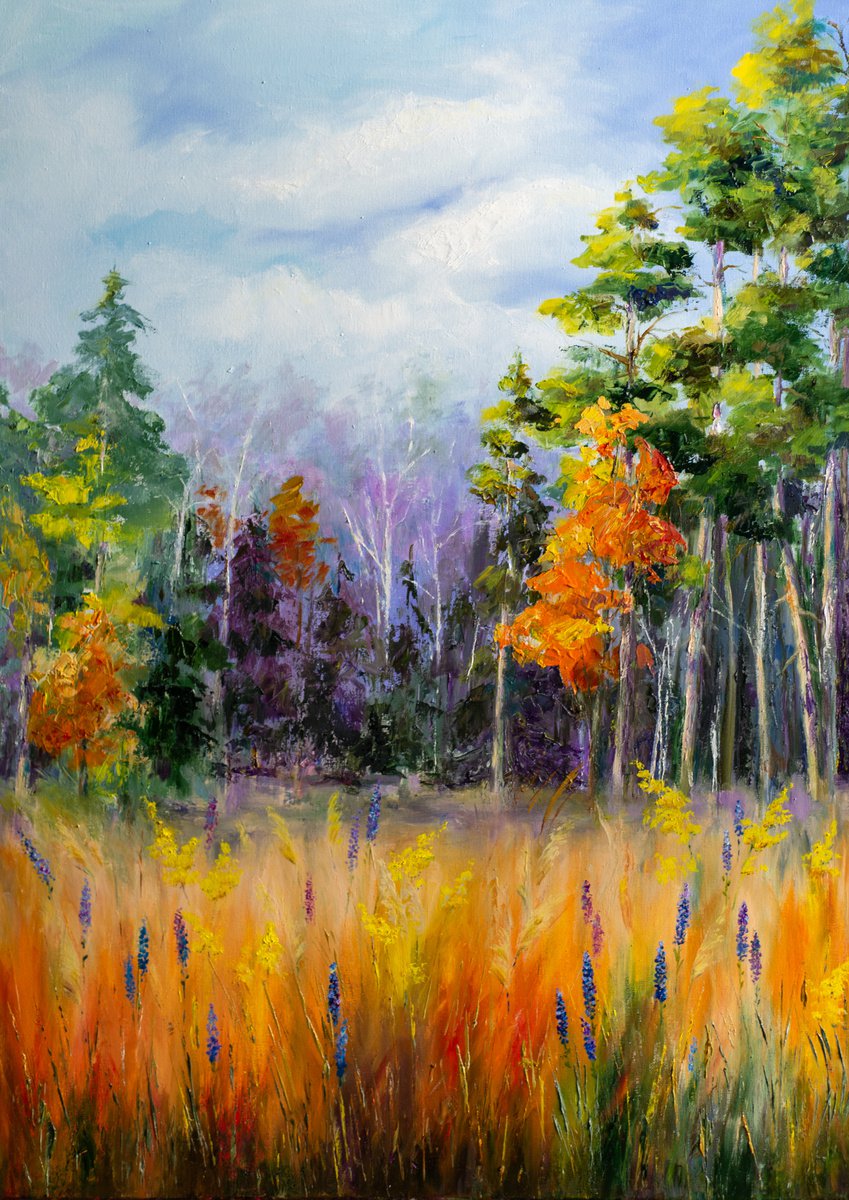 Impressionistic Landscape Oil Painting By Galyna Shevchencko, 20 X 28, Fall Forest, Original Artwork