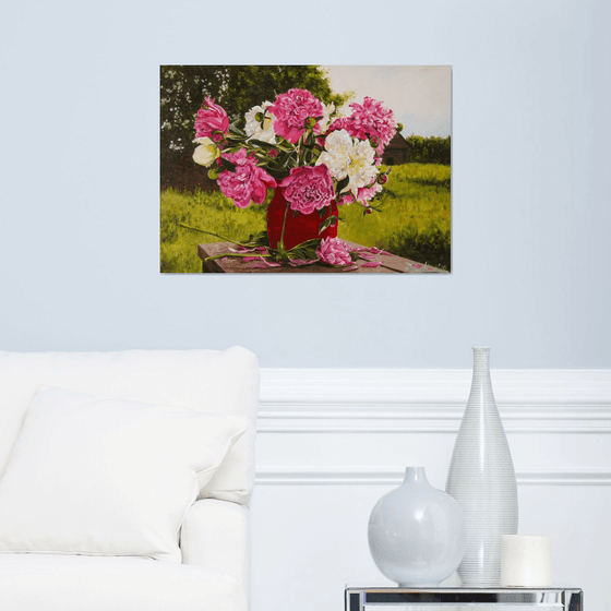 Peonies in red vase