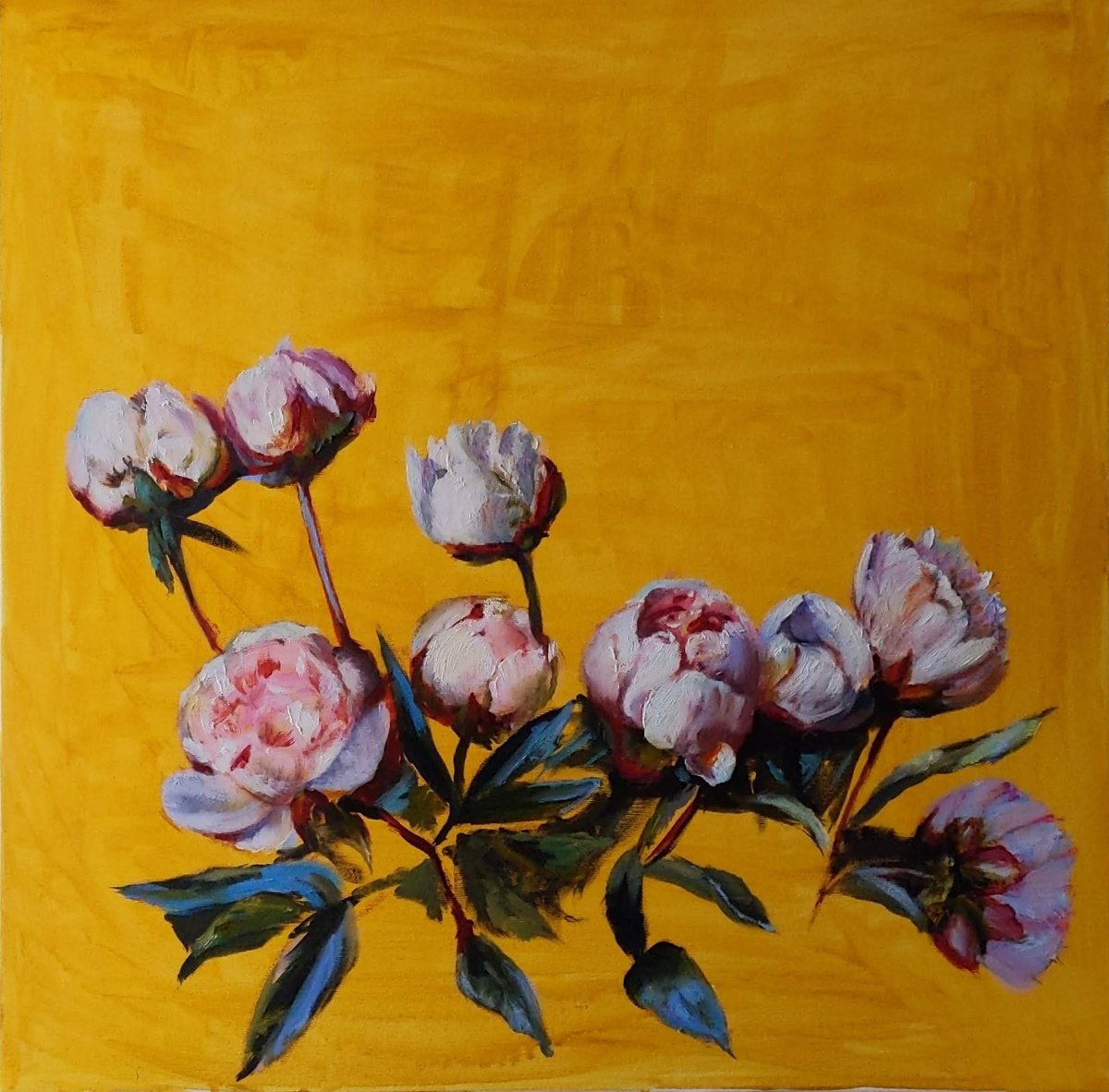Impressionistic Botanical Oil Painting By Anna Brazhnikova, 28 X 28, Peonies On The Golden Yellow, Original Artwork