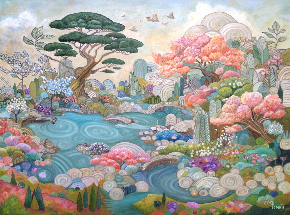 Naive Landscape Oil Painting By Angeles M. Pomata, 32 X 24, Big Calm, Original Artwork