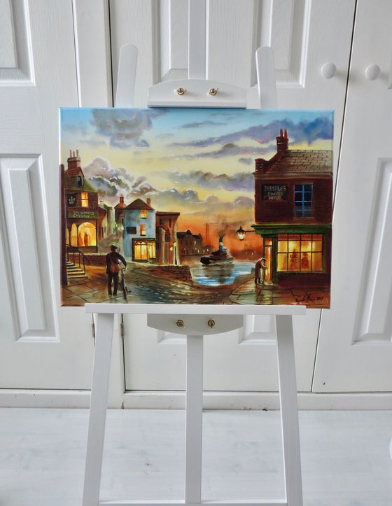 Harbour painting, evening sunset