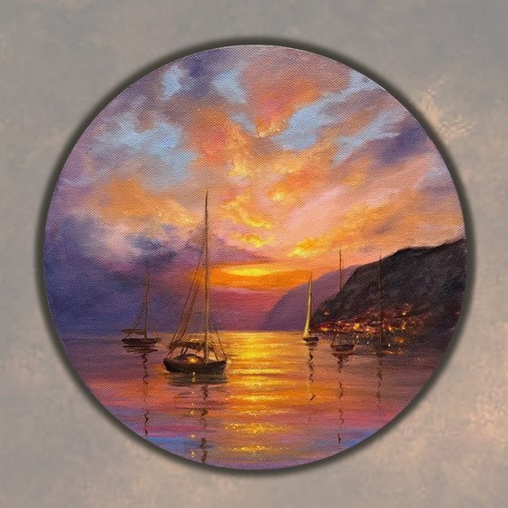 Sunset Boats Painting - Seascape Original Art Sunset Wall Decor Ship Artwork Round Canvas 12" by 12"