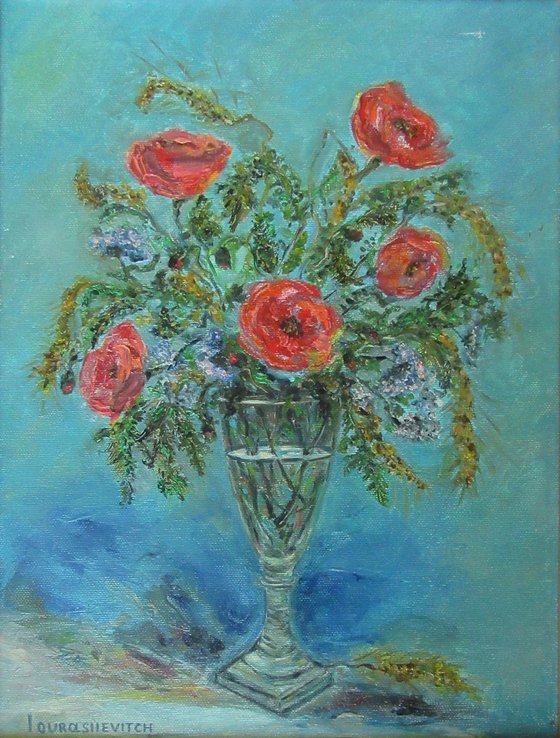 Floral Fantasy Original Contemporary Oil on Canvas Poppies Floral Meadow Flowers Small Botanical Impressionist Painting in a Wine Glass White and Blue Still Life for Home decor Gift (30x40cm)