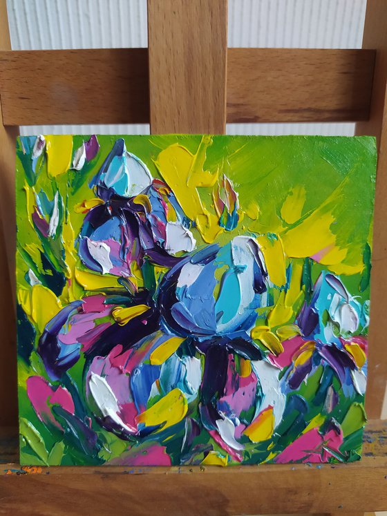 Small irises - flowers, oil painting, irises flowers, small size, postcard, gift idea