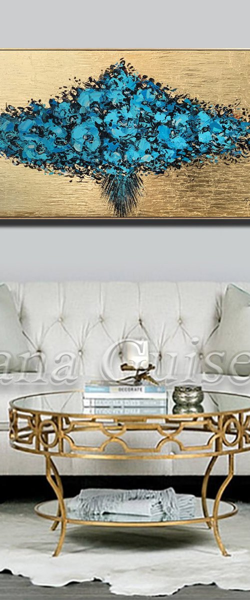 Bouquet - Original Abstract Teal Blue Gold Large Painting, Living Room Art, Minimalist Art, Wall Art Decor by Lana Guise