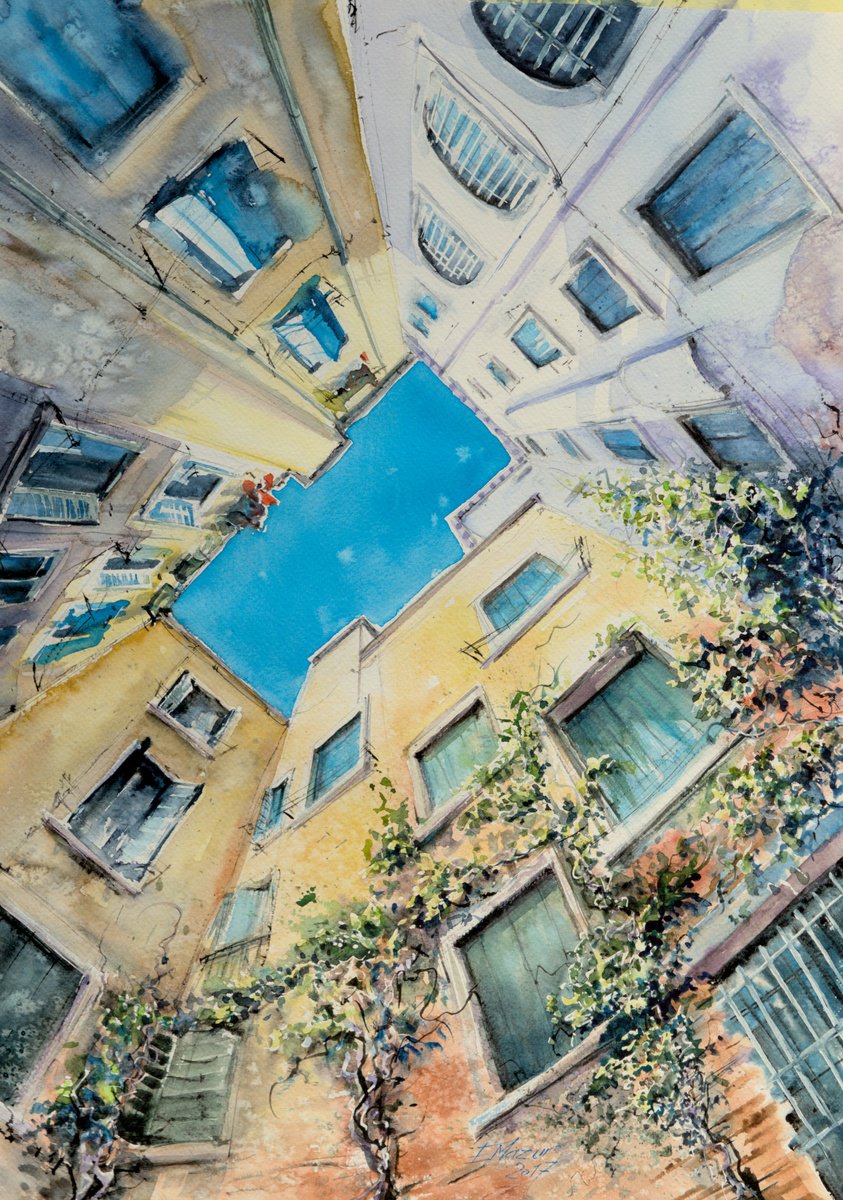 Impressionistic Cityscapes Watercolour By Eve Mazur, 17 X 22, Venetian Courtyard, Original Artwork