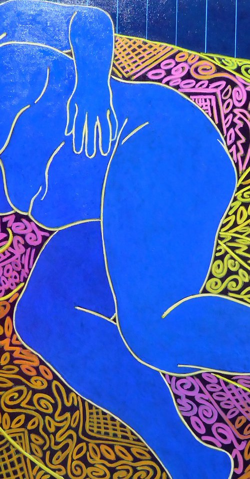 BLUE NUDE ASLEEP ON PATTERNED THROW by Stephen Conroy