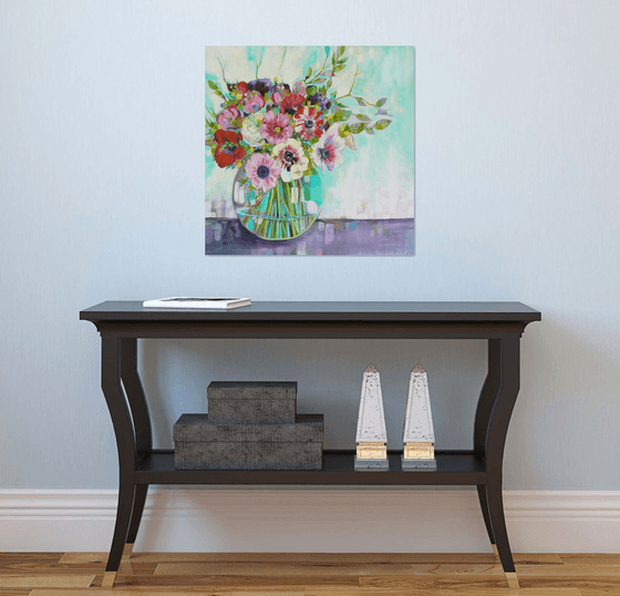 Spring anemones (semi abstract floral / flower painting with collage elements)