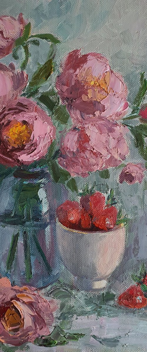 "Peonies with strawberries" by Olena Kolotova