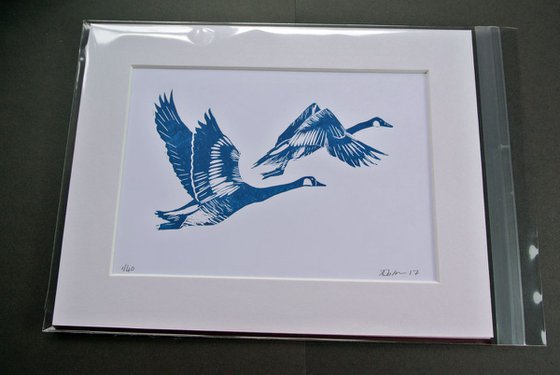 Birds in Flight Linocut, Printed in Blue, Geese Migrating, Print on Paper, Mounted