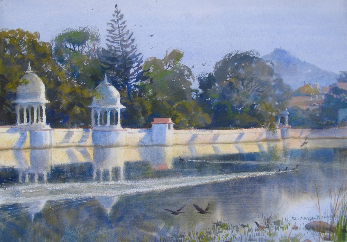 Impressionistic Landscape Watercolour By Bhargavkumar Kulkarni, 19 X 14, Late Afternoon At Lakeside, Original Artwork