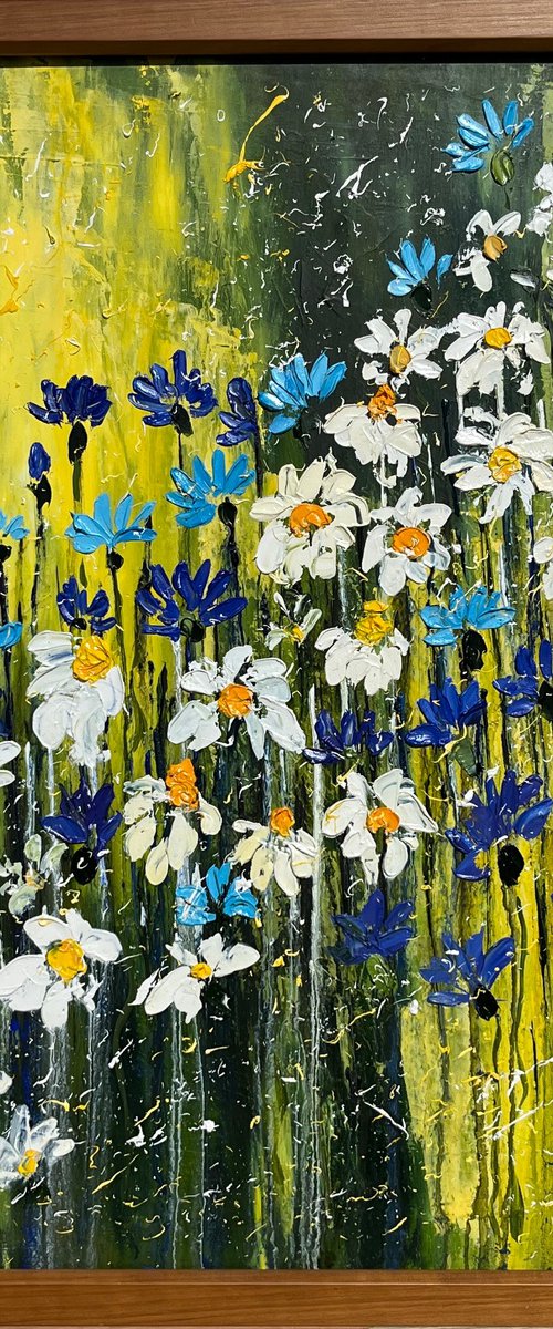 Daisy & Cornflowers "Dance of the summer" Original Oil Impasto Painting by Halyna Kirichenko