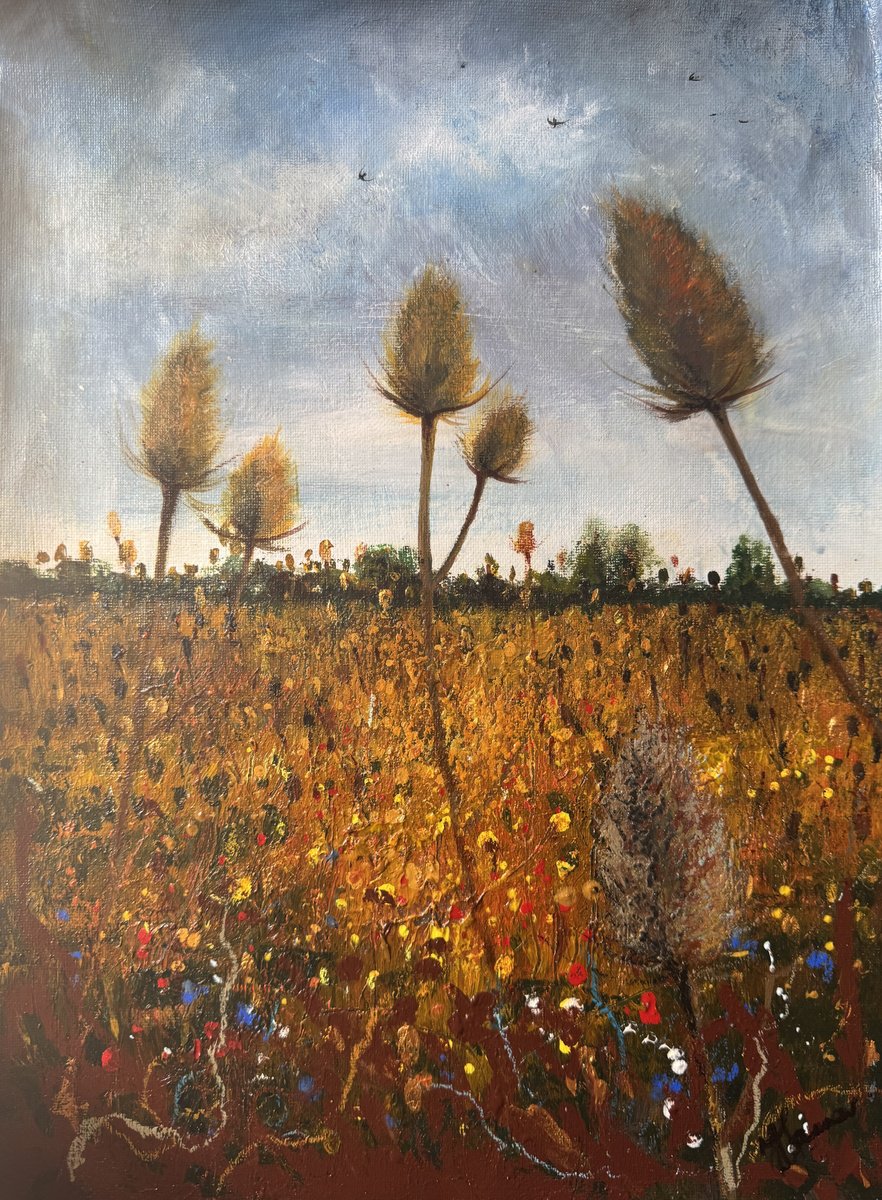 Impressionistic Landscape Painting By Teresa Tanner, 12 X 16", Stormy Teasel Field Swallows, Original Artwork