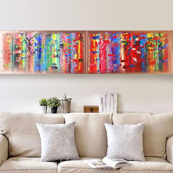 Rainbow A365 Large abstract paintings Palette knife 50x200x2 cm set of 2 original abstract acrylic paintings on stretched canvas