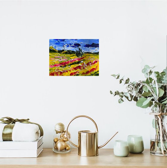 Ukraine Painting Poppy Field Original Art Landscape Oil Impasto Artwork Small Textured Wall Art 8 by 6 inches