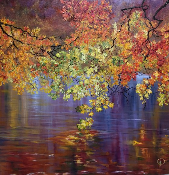 Reflection of autumn, oil painting, original gift, home decor, Bedroom, Living Room, Blue, Leaves, yellow, reflection in water, Lake, Trees