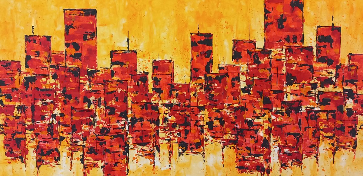 Abstract Cityscapes Acrylic Painting By Max Yaskin, 84 X 44", Chinatown By M.y., Original Artwork
