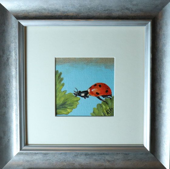 Ladybird Miniature 2, Between Two Leaves, Framed and Ready to Hang, Insect Painting
