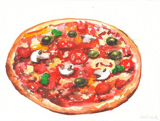 Pizza. - Original watercolour painting - gift idea.
