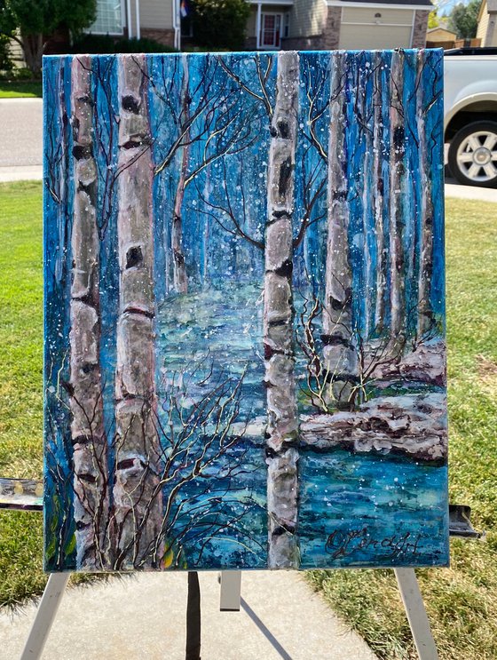 Winter Birch Trees -  Monochrome  in Blue Impasto Original Painting  (palette knife)