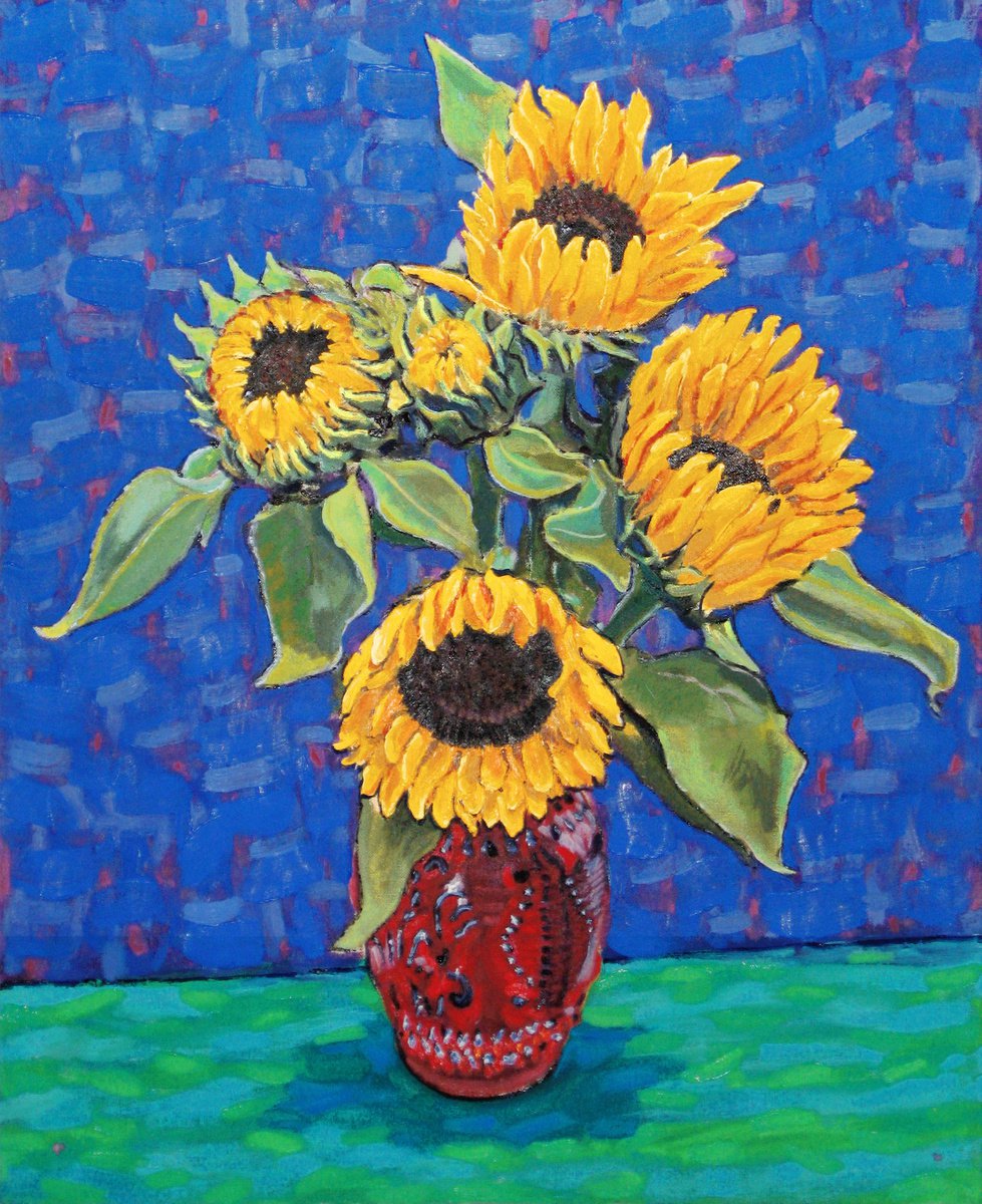 Sunflowers in a Red Vase by Richard Gibson