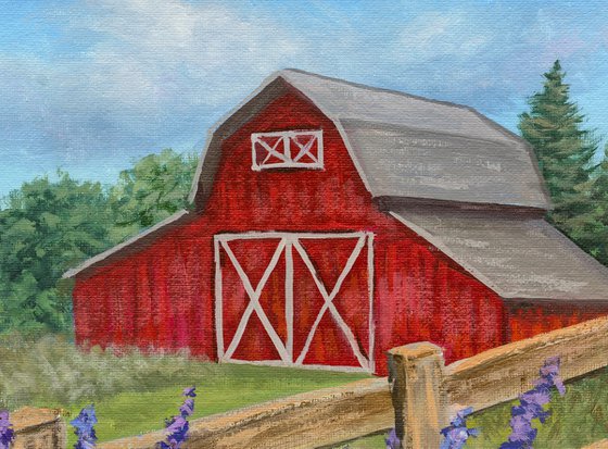 Red Barn with Spring Blooms